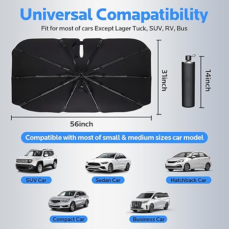Sun Shade for Car Windshield:Windshield Sun Shade and 10 Skeletons,Protect Car from Sun Rays & Heat Damage Keep Cool and Protect Interior-56 L X 31" W