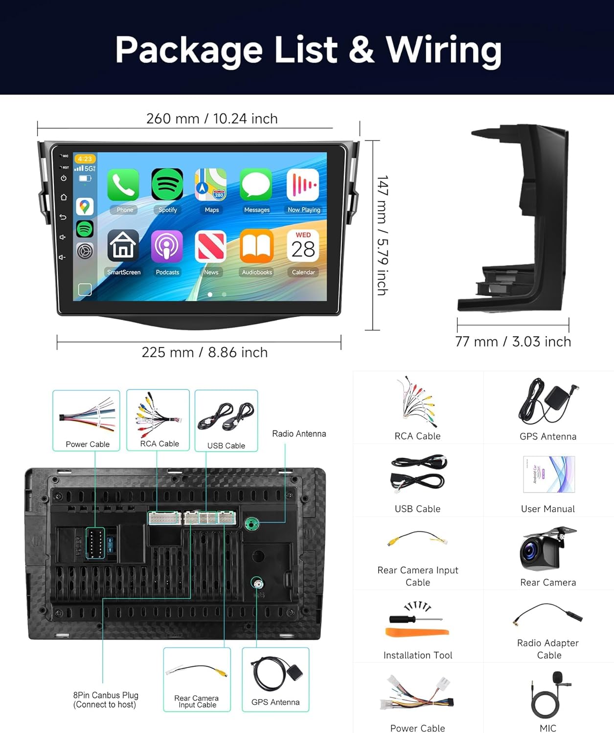 Car Radio for Toyota RAV4 2007 2008 2009 2010 2011 2012, 10.1 inch Android Touch Screen Stereo, Carplay/Android Auto/Mirror Link/1080P/SWC/Bluetooth/WiFi +AHD Backup Camera+MIC