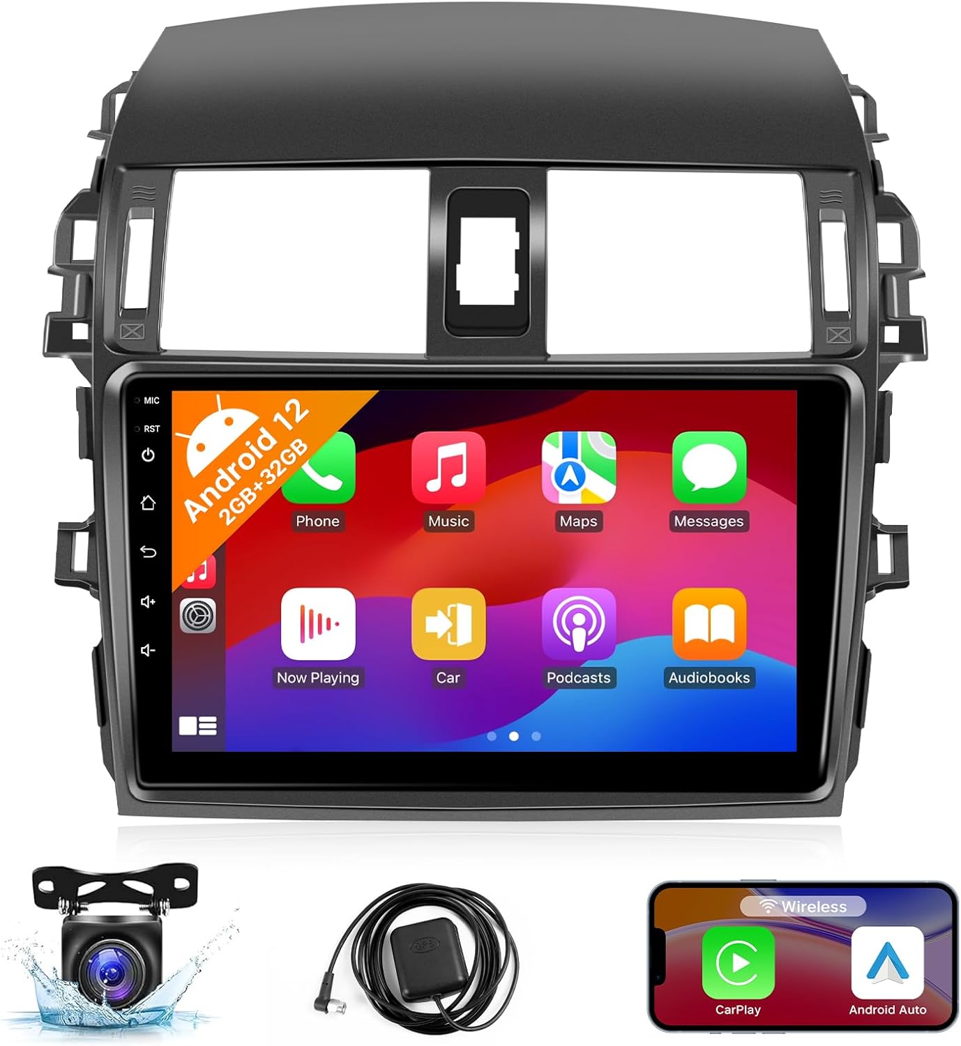Android 15 Car Stereo Radio for Toyota Corolla 2009-2013, Wireless Carplay Andorid auto Mirror Link 9'' INCELL Touchscreen GPS WiFi Bluetooth 5.0 FM/RDS EQ-32 SWC Backup Camera
