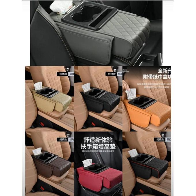 5 in 1 Car Center Console Cover, Armrest Pad with 2 Storage Pockets, Cup Holder, Tissue Box Slot, Phone Holder, Universal Car Interior Organizer
