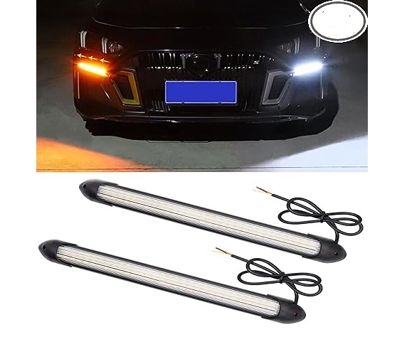 Exterior Car LED Lights, 2Pcs Flexible Daytime Running Light Strip Waterproof Auto Headlight Sequential White Turn Signal Yellow Led Light