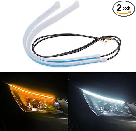 2PCS 24 Inch Car LED Strip Lights, Waterproof Car Daytime Running Light Strip, Flexible DRL Dual Color Sequentially Flow Turn Signal Strip Light, LED Headlight Strip for Car Truck SUV