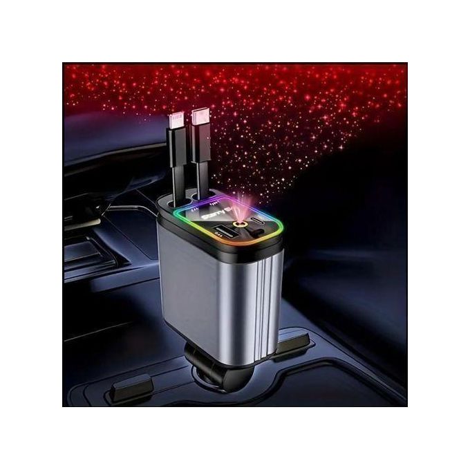Genetic Starry Sky Car Charger 12OW Super Fast Charging 4in1 Adjustable 180* Car Charger with Retractable USB A And USB C Cable Strip Ambient Projection Light Car Interior Lighter 4 + Red Starry Celling Light