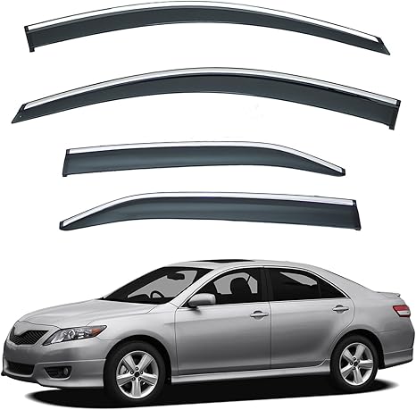 Rain Guard Compatible with 2007-2011 Camry Smoke Tint with Chrome Trim Outside Mount Tape On/Clip On Style PVC Sun Vent Window Visors