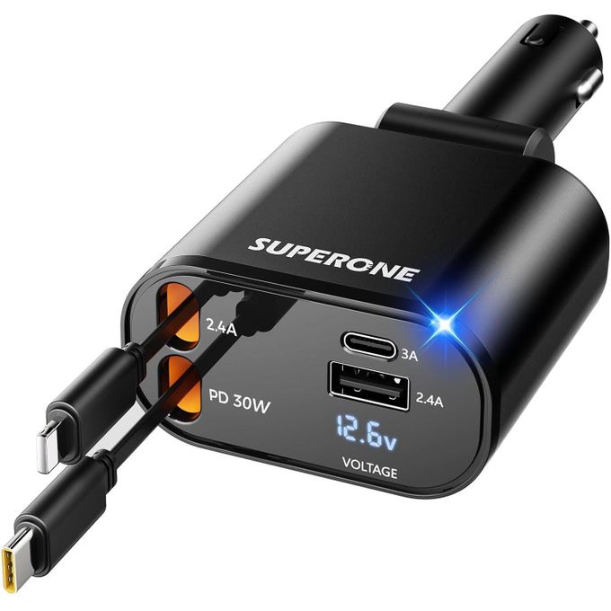 66W Retractable 4in1 Fast Car Charger, Mobile Charging Adapter with Dual USB Ports, USB-C & Lightning Cables, Compatible with iPhone & Type-C Android Devices, Multi-Device Charger (13.5 inches cable)