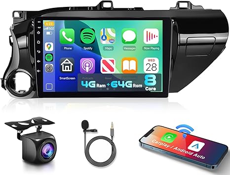 Car Radio for Toyota Hilux 2015-2020, 10.1 inch Touch Screen Car Stereo with Android 13 System, Carplay&Android Auto/1080P/Hi-Fi Audio/Bluetooth + AHD Backup Camera + Mic