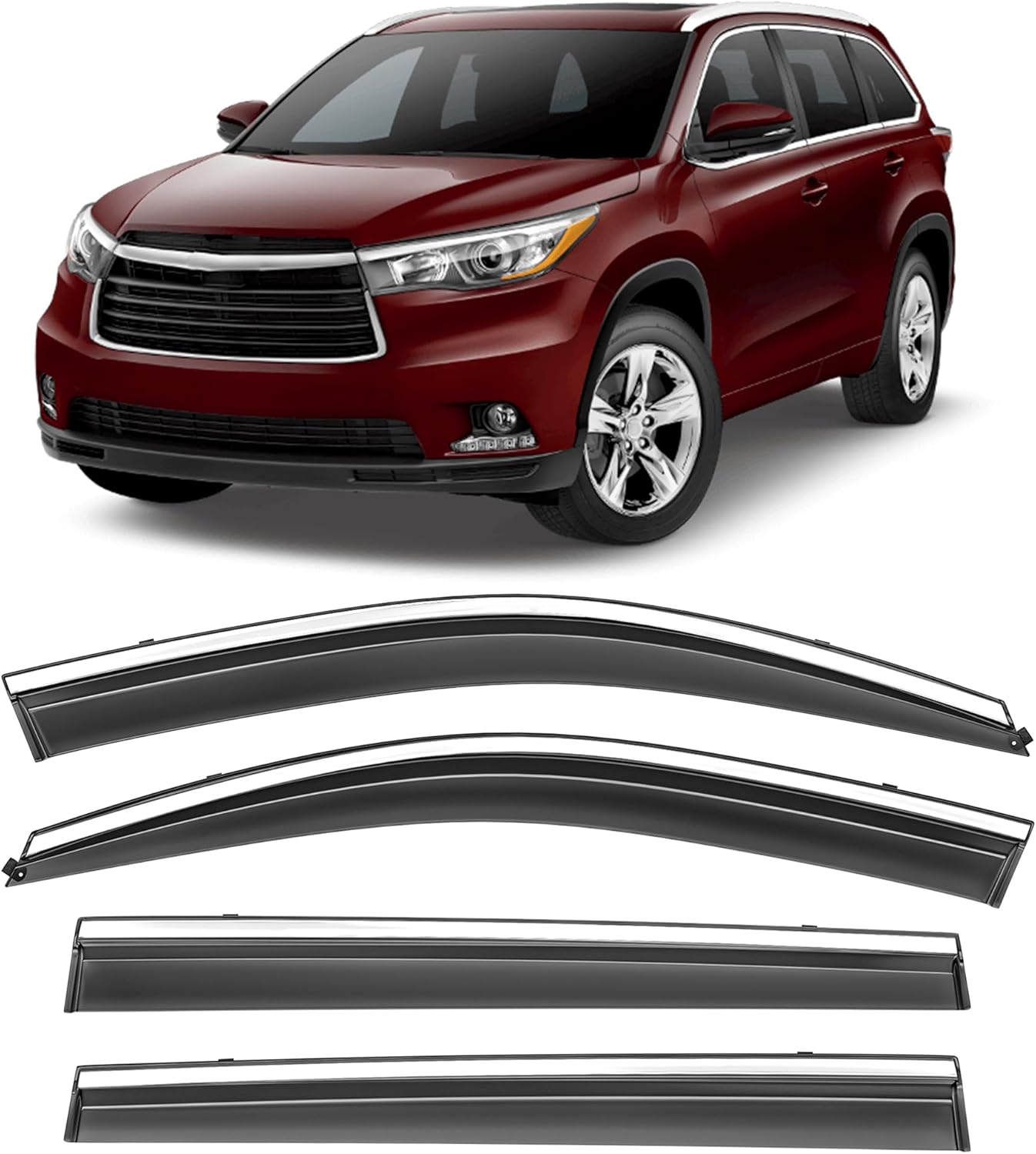 Taped-On Window Deflectors for Toyota Highlander 2014-2019 with Chrome Trim, Rain Guards, Window Visors for Cars, Vent Deflector, 4pcs