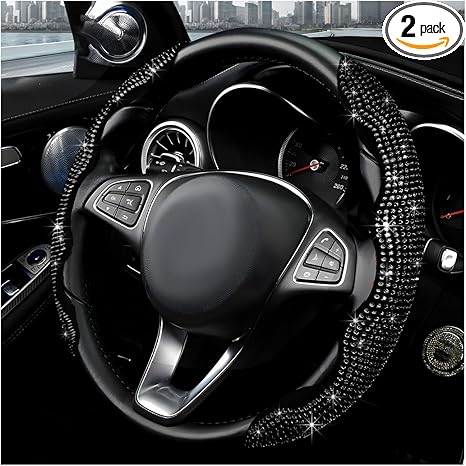 2PCS Steering Wheel Cover, Sparkling Rhinestone Segmented Steering Wheel Protector Fit 14-15.6 Inch, Non-Slip