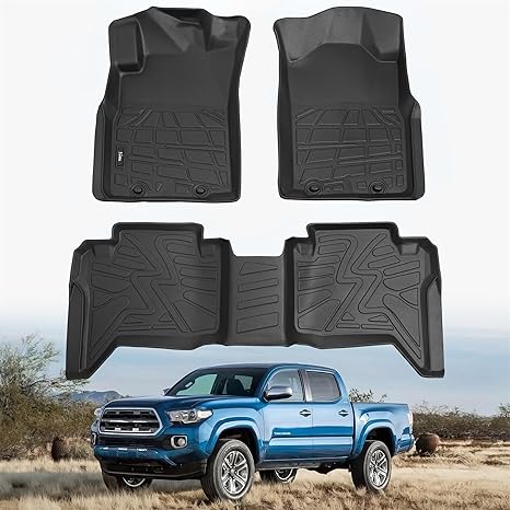 Floor Mats Fit for Toyota Tacoma 2005-2015 Double Cab (Footwell Coverage), Custom Fit All Weather TPE Floor Liners, 1st & 2nd Row Mat