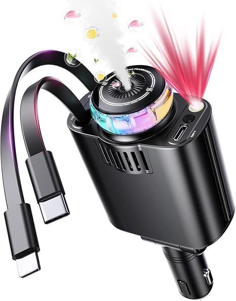 Retractable Car Charger with Aromatherapy and Starlight, 5 in 1 USB C Car Charger Adapter, 69W Fast Charging Cars Phone Chargers, Cars Air Freshener Compatible with iPhone 17 16 15 14 13 and Android