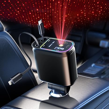 66 W Retractable Car Charger, 4-in-1 Fast Car Phone, with starlights and USB-C Cable Car Charger Adapters, Compatible All Other Phone Models