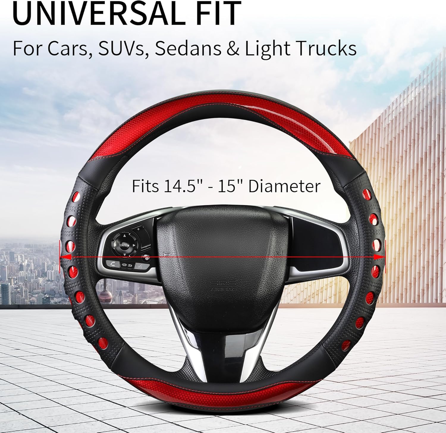 PU Leather Car Steering Wheel Cover with Anti-Slip Grip, Universal Fit for 14.5-15 Inch Cars, Trucks, SUVs (Round)