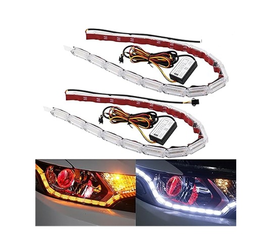 Car Daytime Running Light Strip, 2Pcs Flexible Crystal DRL LED Strip Sequential, Dual Color 17Inch Headlight LED Strip Turn Signal Lights Strip (White&Amber)