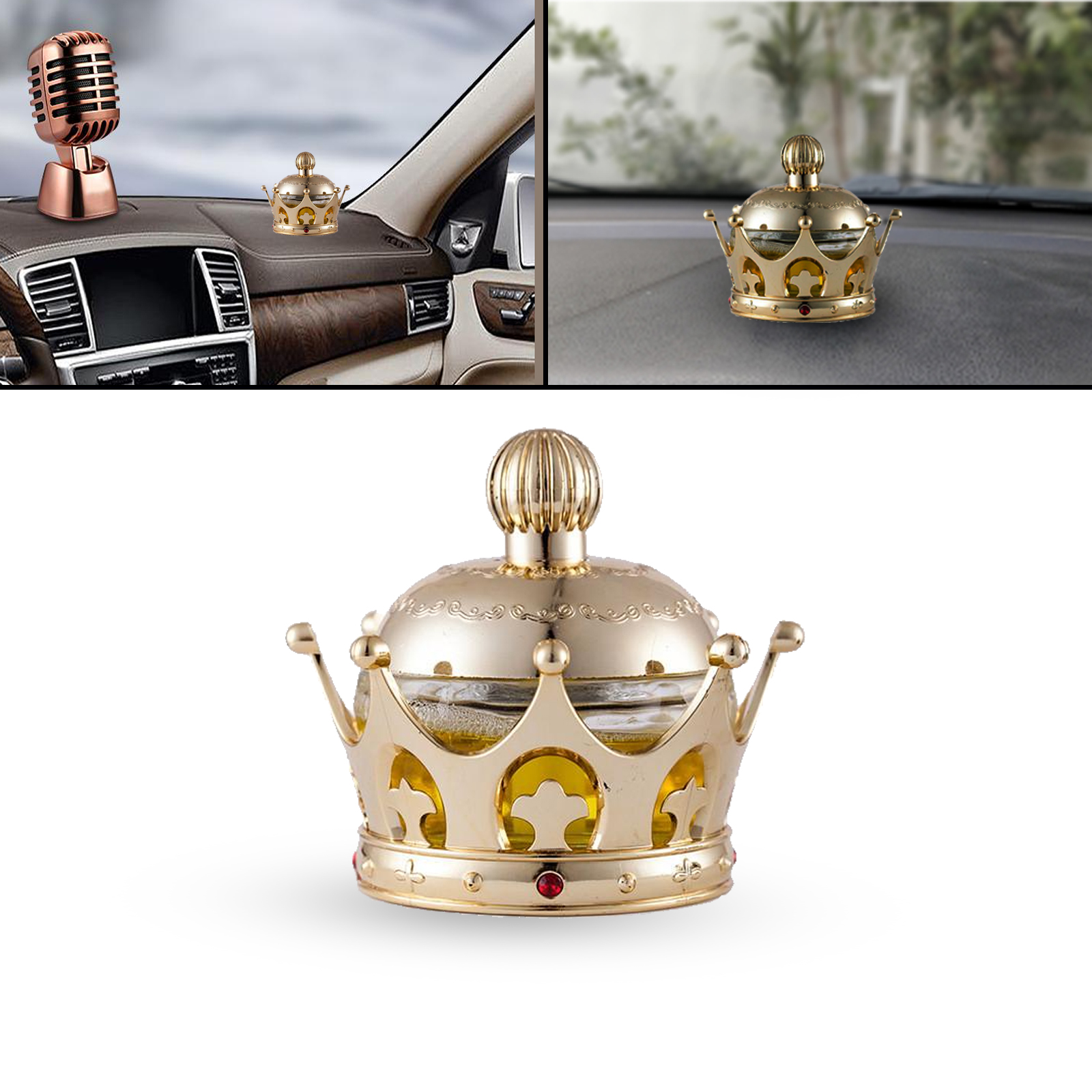 Moonziin Crown Car Perfume, an ornamental liquid air freshener designed for automotive dashboards.